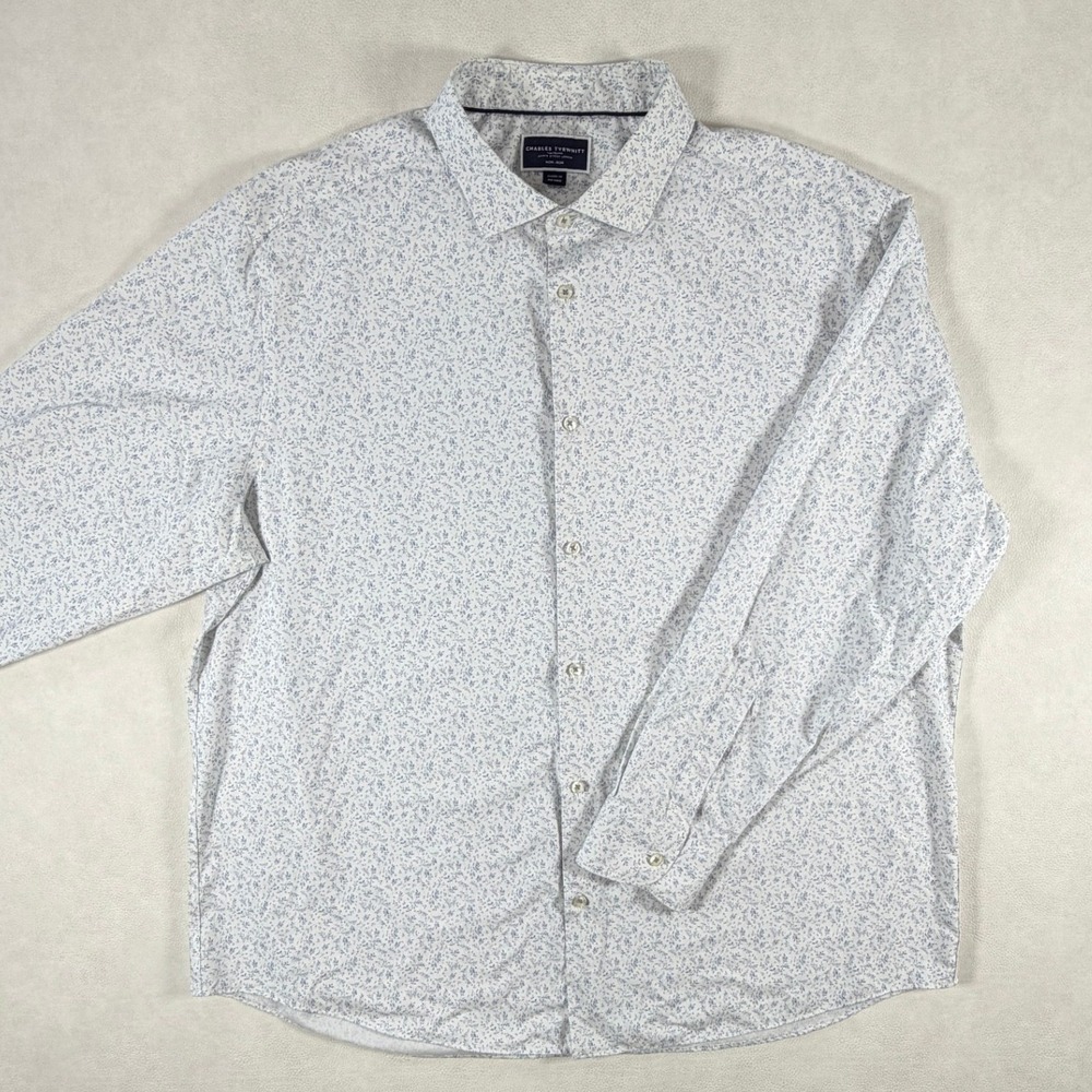 Charles Tyrwhitt Mens XXXL Classic Fit Non-Iron Floral Leaf Shirt White Blue